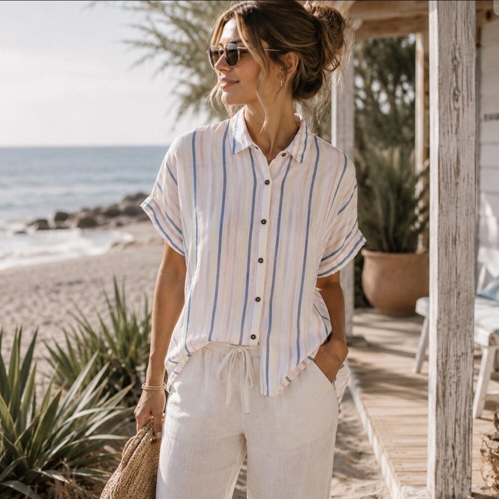Splendid Sz Medium Linen Blend Button Up Striped Shirt Coastal Preppy Casual